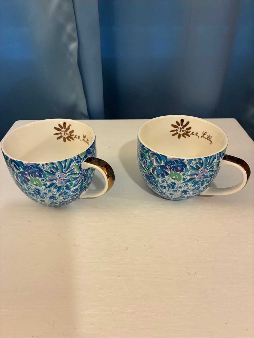 Lilly Pulitzer Blue Floral Ceramic Mugs with Gold Handles (Pair)